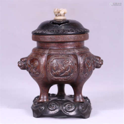 CHINESE AGALWOOD TRIPLE FEET LION HEAD CENSER WITH ROSEWOOD JADE KNOT LIDDER