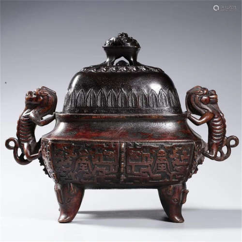 CHINESE AGALWOOD BEAST HANDLE FOUR FEET SQUARE CENSER WITH ZITAN LIDDER