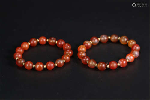 TWO CHINESE RED AGATE BEAD BRACELET