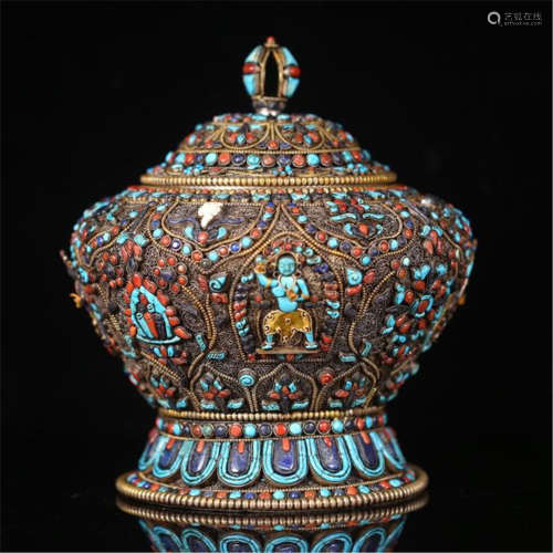 TIBETAN GEM STONE INLAID SILVER LIDDED JAR