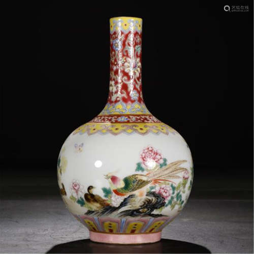 CHINESE PORCELAIN FAMILLE ROSE BIRD AND FLOWER TIANQIU VASE