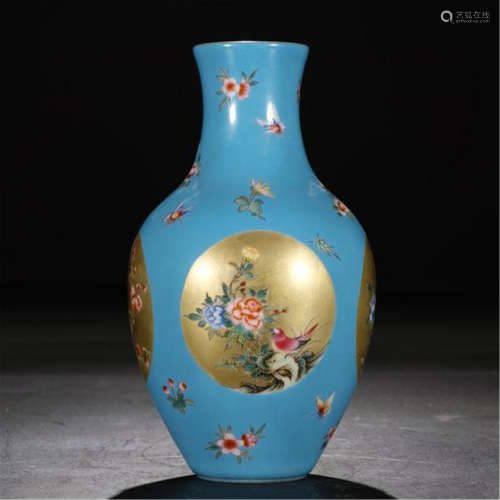CHINESE PORCELAIN BLUE GROUND FAMILLE ROSE GOLD PAINTED FLOWER VASE