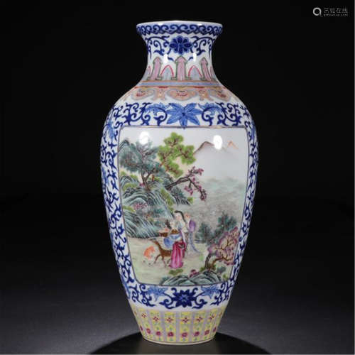 CHINESE PORCELAIN BLUE AND WHITE FAMILLE ROSE BEAUTY IN MOUNTAIN VASE