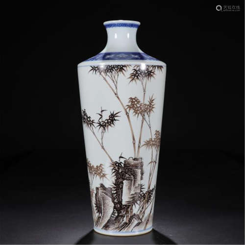 CHINESE PORCELAIN BLUE AND WHITE INK PAINTED BAMBOO VASE