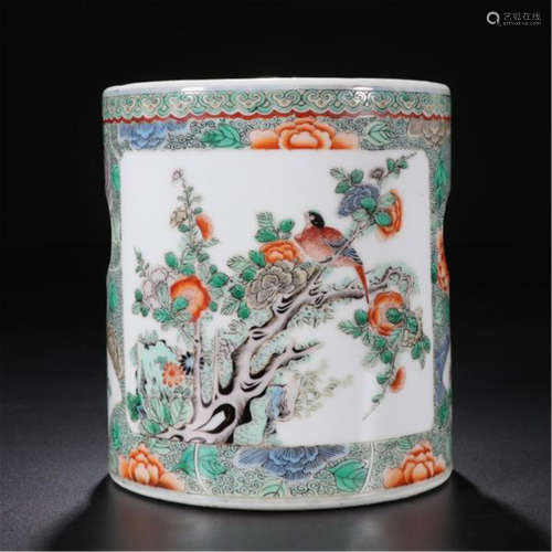 CHINESE PORCELAIN WUCAI BRID AND FLOWER BRUSH POT