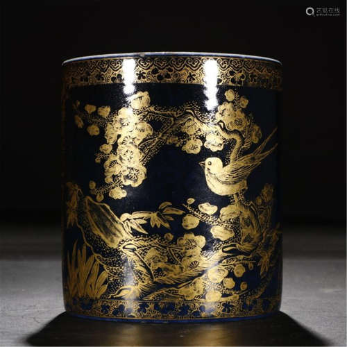 CHINESE PORCELAIN BLUE GROUND GOLD PAINTED BIRD AND FLOWER BRUSH POT