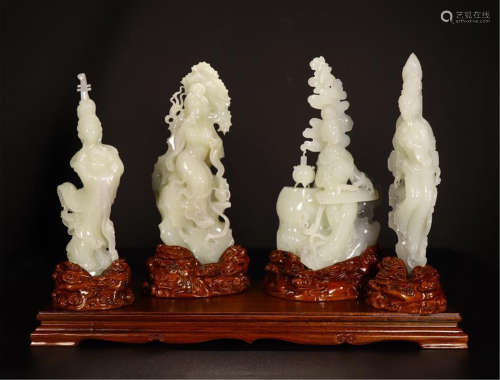 FOUR CHINESE CELADON JADE BEAUTY TABLE ITEM