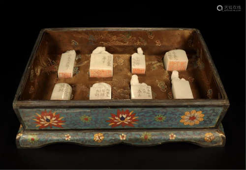 EIGHT CHINESE WHITE JADE BEAST SEALS IN CLOISONNE CASE