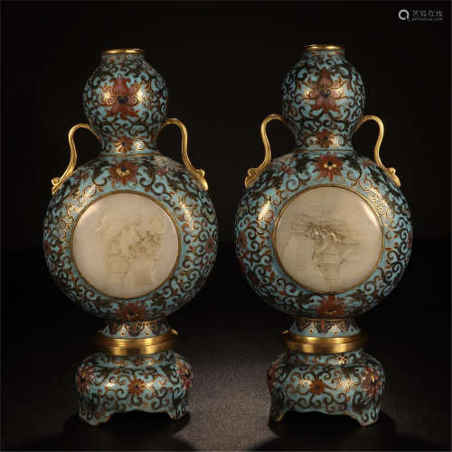 PAIR OF CHINESE WHITE JADE PLAQUE INLAID CLOISONNE GOURD VASE