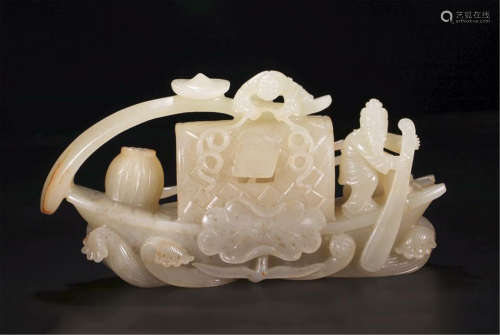 CHINESE YELLOW JADE MAN ON BOAT TABLE ITEM