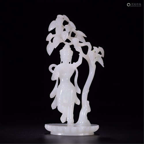 CHINESE WHTIE JADE STANDIN GUANYIN UNDER TREE