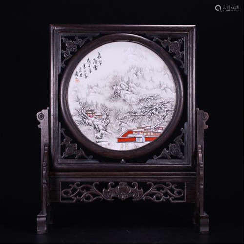 CHINESE PORCELAIN FAMILLE ROSE PLAQUE OF SNOW SIGHTS ROSEWOOD TABLE SCREEN