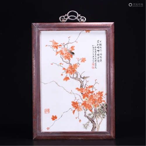 CHINESE PORCELAIN FAMILLE ROSE PLAQUE OF BIRD AND FLOWER