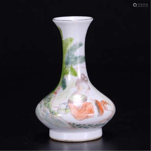 CHINESE PORCELAIN FAMILLE ROSE BEAUTY UNDER LEAF VASE