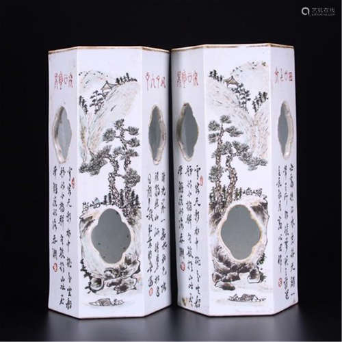 PAIR OF CHINESE PORCELAIN FAMILLE ROSE MOUNTAIN VIEWS WITH CALLIGRAPHY HEXAGONAL HAT STAND