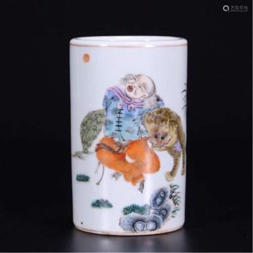 CHINESE PORCELAIN FAMILLE ROSE BOY AND BEAST BRUSH POT