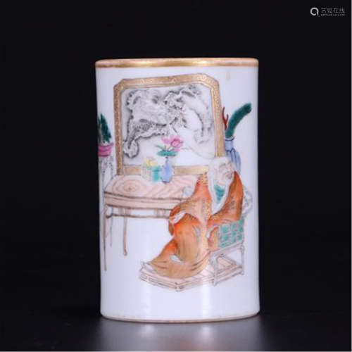 CHINESE PORCELAIN FAMILLE ROSE FIGURES BRUSH POT