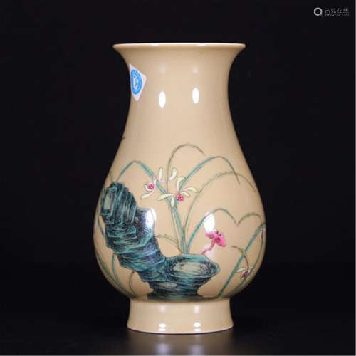 CHINESE PORCELAIN YELLOW GROUND FAMILLE ROSE ORCHID AND ROCK VASE