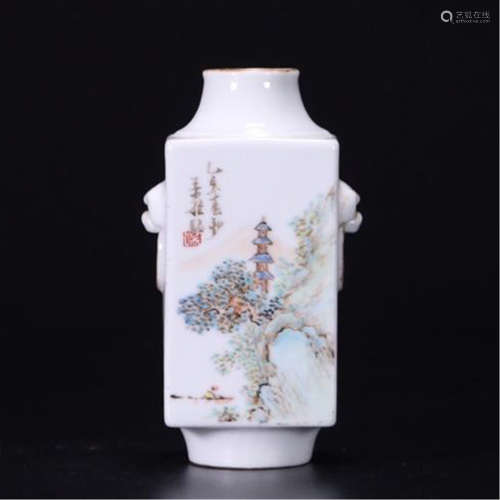 CHINESE PORCELAIN FAMILLE ROSE MOUNTAIN VIEWS SQUARE VASE