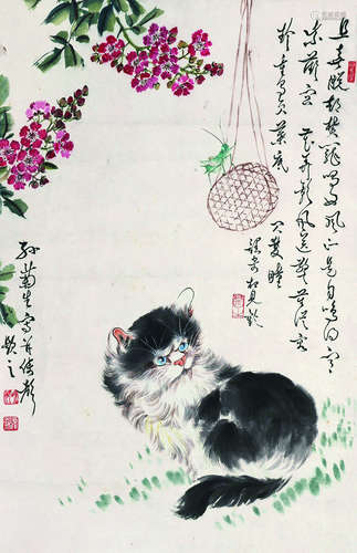 孙菊生 猫趣图 立轴 设色纸本