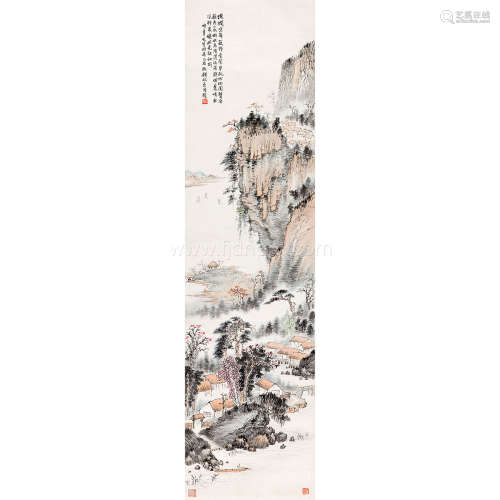 钱松嵒 乙酉（1945年）作 山间秋景图 立轴 设色纸本