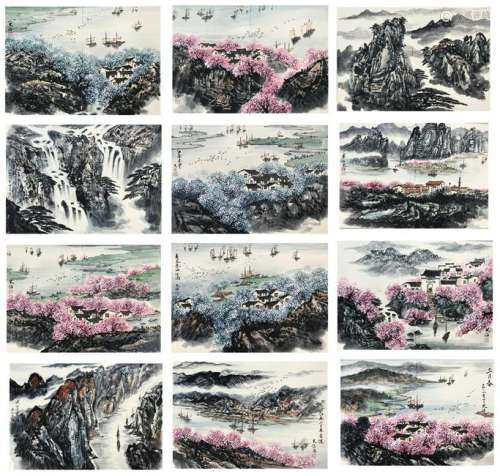 TWEELVE PAGES OF CHINESE ALBUM PAINTING OF MOUNTAIN VIEWS