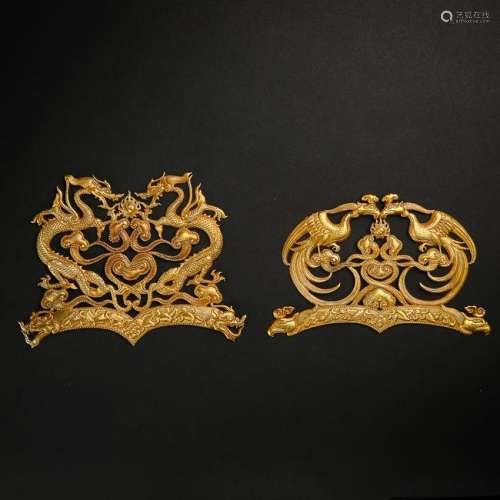 PAIR OF CHINESE PURE GOLD DRAGON PHOENIX PLAQUES