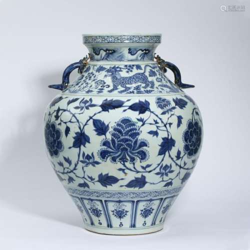 CHINESE PORCELAIN BLUE AND WHITE FLOWER DRAGON HANDLE JAR