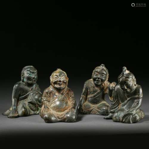 FOUR CHINESE ANCIENT BRONZE LOHAN CARPET WEIGHT