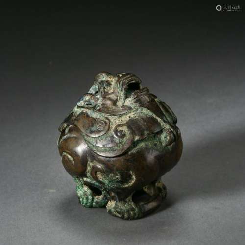 CHINESE ANCIENT BRONZE LION INCESE CAGE