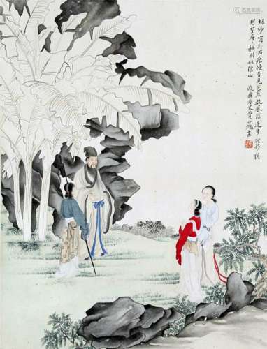 CHINESE SCROLL PAINTING OF MAN WITH BEAUTY IN GARDEN