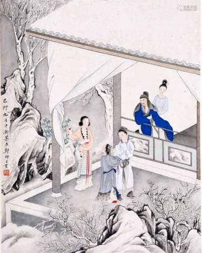 CHINESE SCROLL PAINTING OF MEN WITH BEAUTY IN GARDEN
