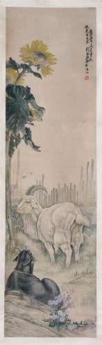 CHINESE SCROLL PAINTING OF RAM AND FLOWER