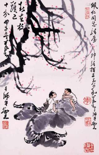 CHINESE SCROLL PAINTING OF BOY AND OX UNDER TREE