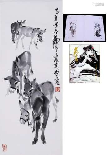 CHINESE SCROLL PAINTING OF DONKEY WITH PUBLICATION