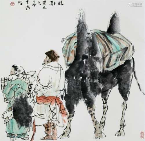 CHINESE SCROLL PAINTING OF PEOPLE AND CAMEL