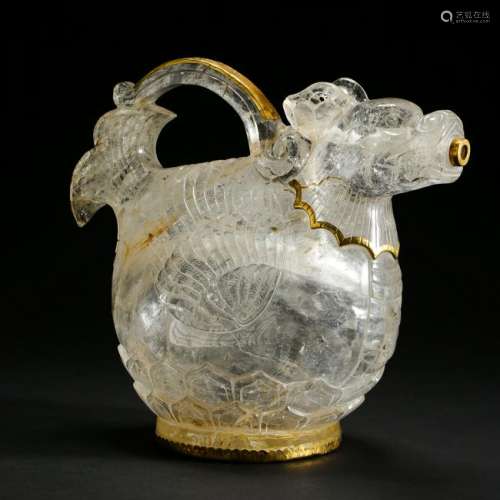 CHINESE GOLD MOUNTED ROCK CRYSTAL BEAST KETTLE
