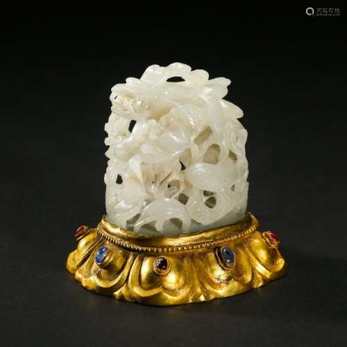 CHINESE WHITE JADE BIRD AND FLOWER CENSER LIDDER FINAL ON GEM STONE INLAID GILT SILVER STAND