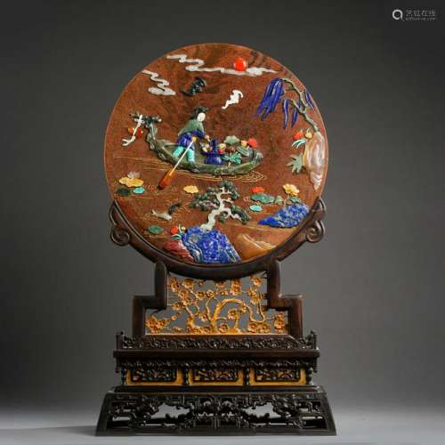 CHINESE GEM STONE INLAID LACQUER ROUND PLAQUE ROSEWOOD BOXWOOD TABLE SCREEN