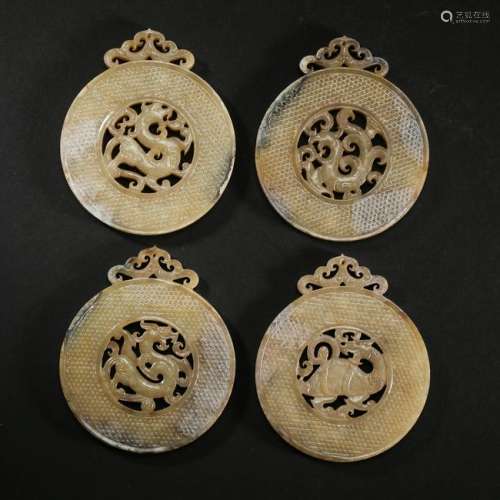 FOUR CHINESE ANCIENT JADE BEAST ROUND BI DISK