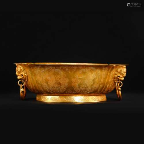 CHINESE GILT BRONZE BEAST HEAD HANDLE BASIN