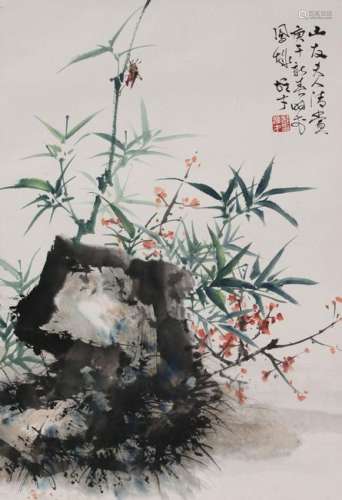 CHINESE SCROLL PAINTING OF BAMBOO AND ROCK