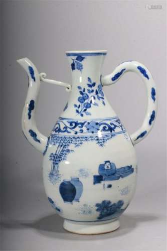 CHINESE PORCELAIN BLUE AND WHITE FIGURES KETTLE