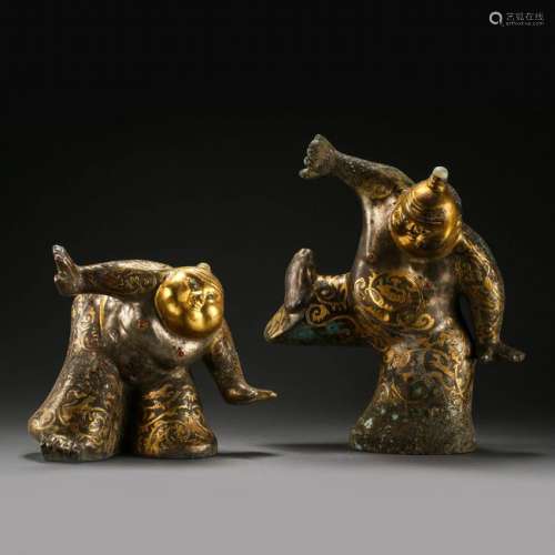 TWO CHINESE GOLD INLAID BRONZE WRESTLING FIGURES