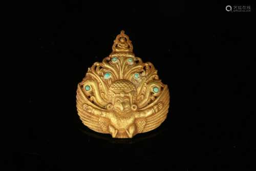 CHINESE TURQUOISE INLAID GILT SILVER BUDDHIST BIRD PLAQUE