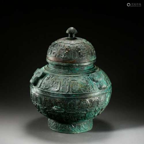 CHINESE ANCIENT BRONZE LIDDED JAR