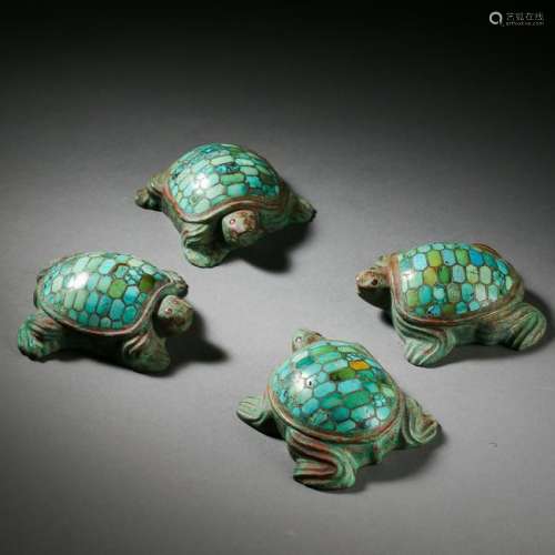 FOUR CHINESE TURQUOISE INLAID ANCIENT BRONZE TURTLE