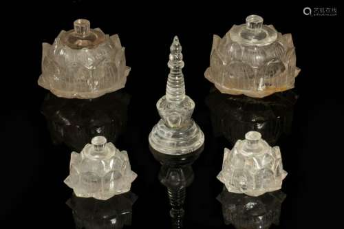 CHINESE ROCK CRYSTAL BUDDHIST TOWER NICHE WITH LOTUS LIDDER AND STAND