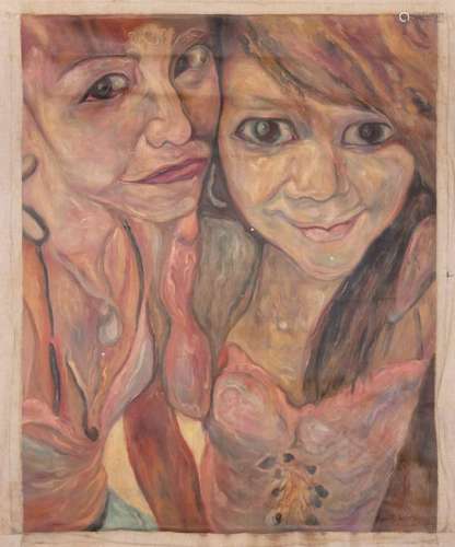 CHINESE OIL PAINTING OF TWO GIRLS ON CANVAS