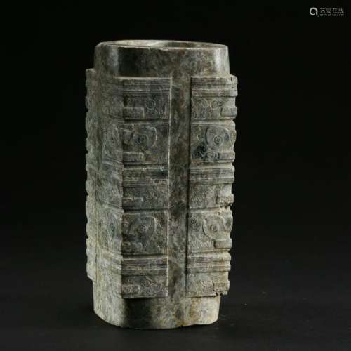 CHINESE ANCIENT JADE CONG SQUARE VASE LIANGZHU PERIOD